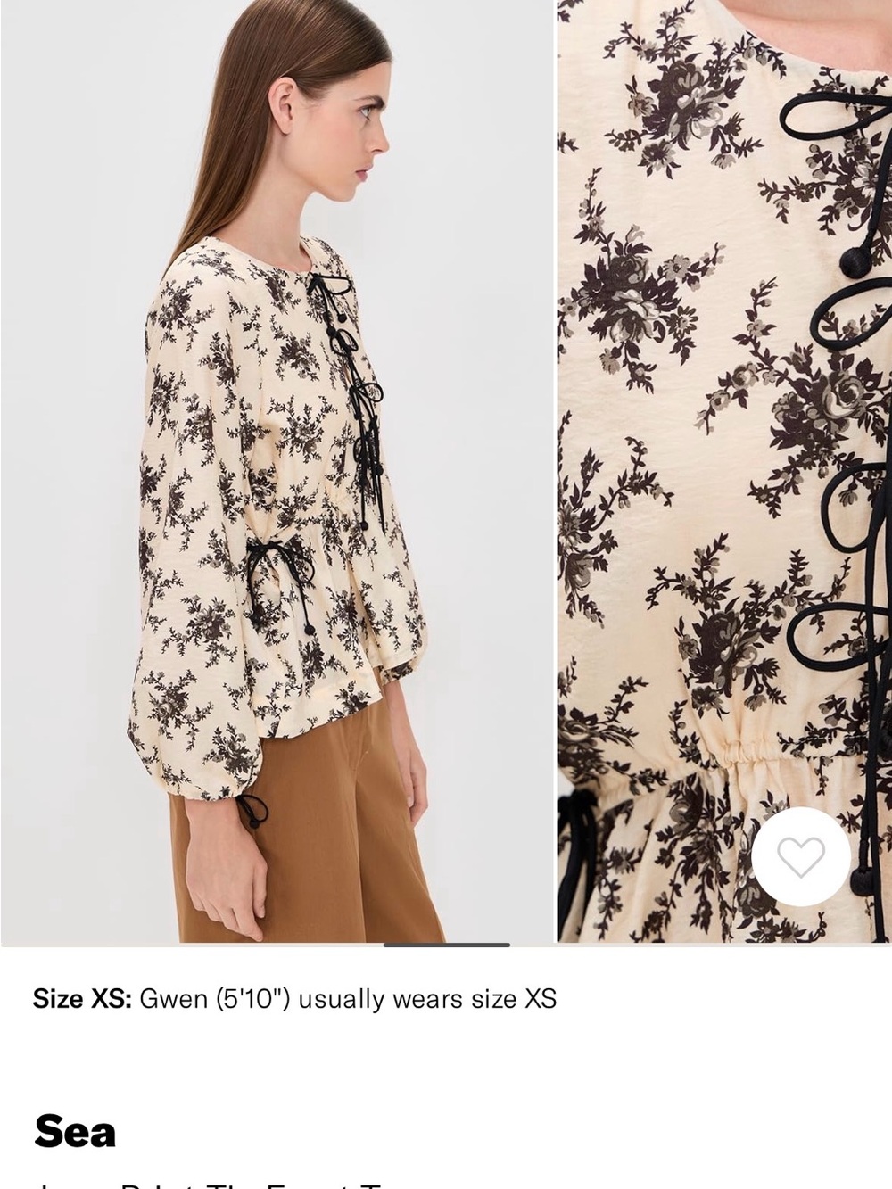 Brand new - NWTSea New York Cream Blouse with Black Floral Print and Lace Ties